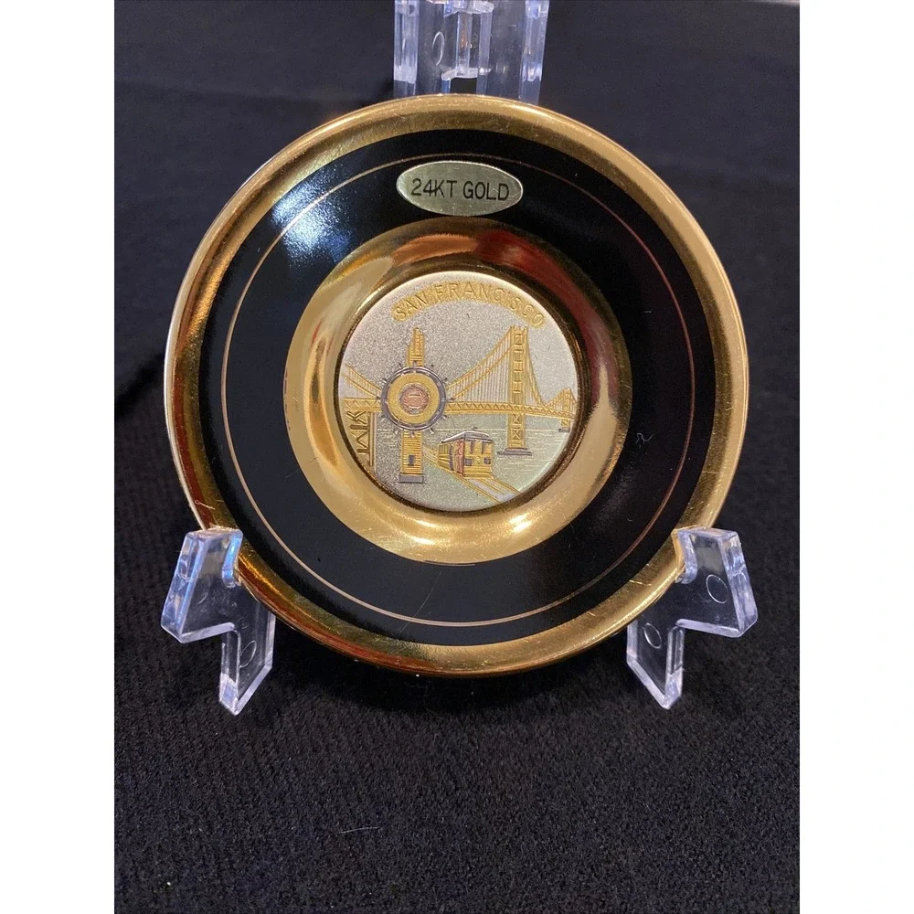 Chokin Art San Francisco Golden Gate Bridge Trolley Plate/Cup/Stand 24kt Gold